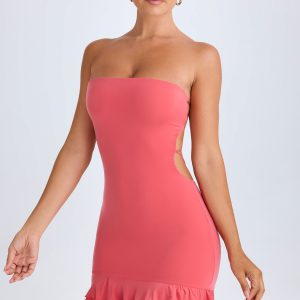 Ruffle-Trim Cut-Out Bandeau Mini Dress in Coral