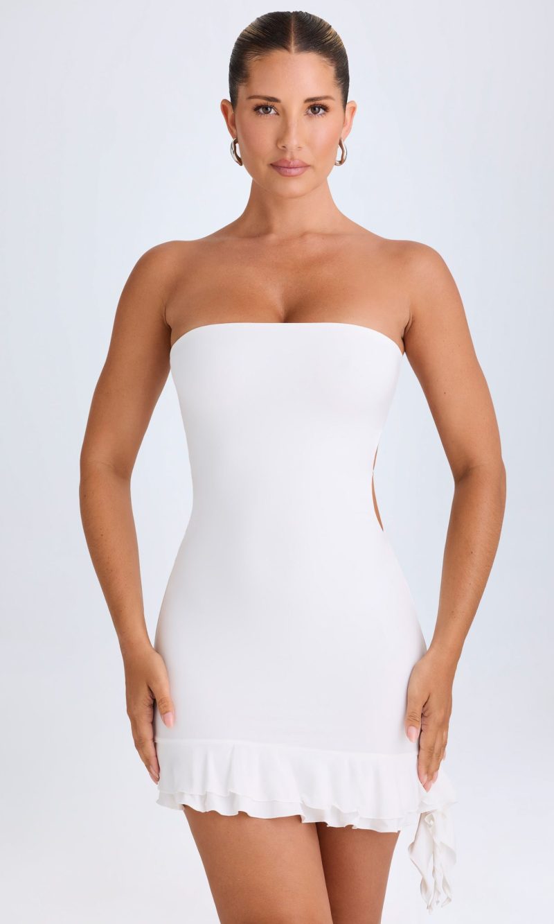 Ruffle-Trim Cut-Out Bandeau Mini Dress in White
