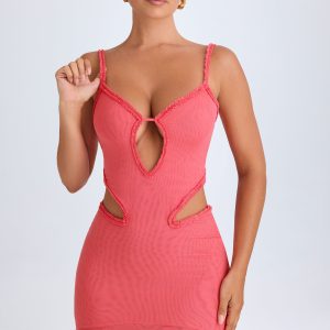 Ruffle-Appliqué Cut-Out Mini Dress in Coral