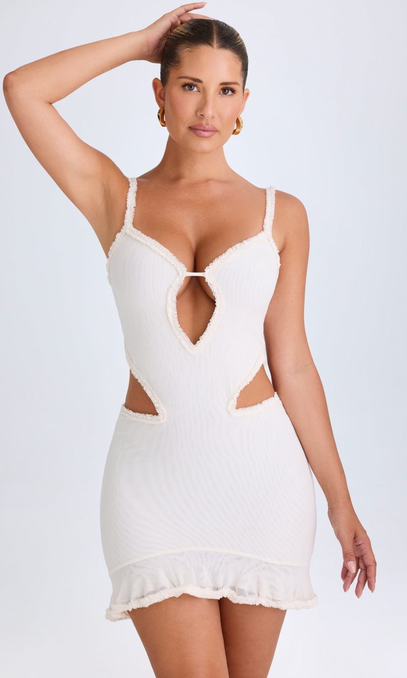 Ruffle-Appliqué Cut-Out Mini Dress in White