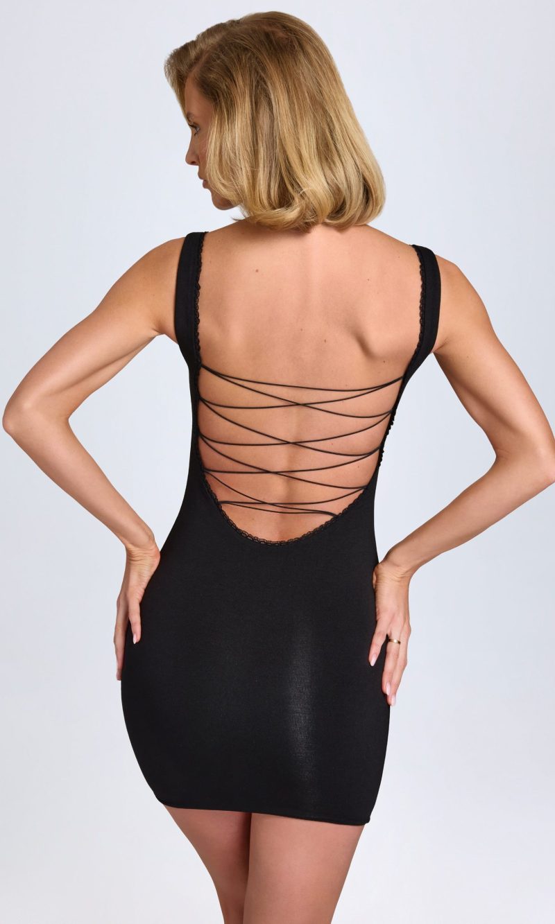 Modal Lace-Trim Bodycon Mini Dress in Black