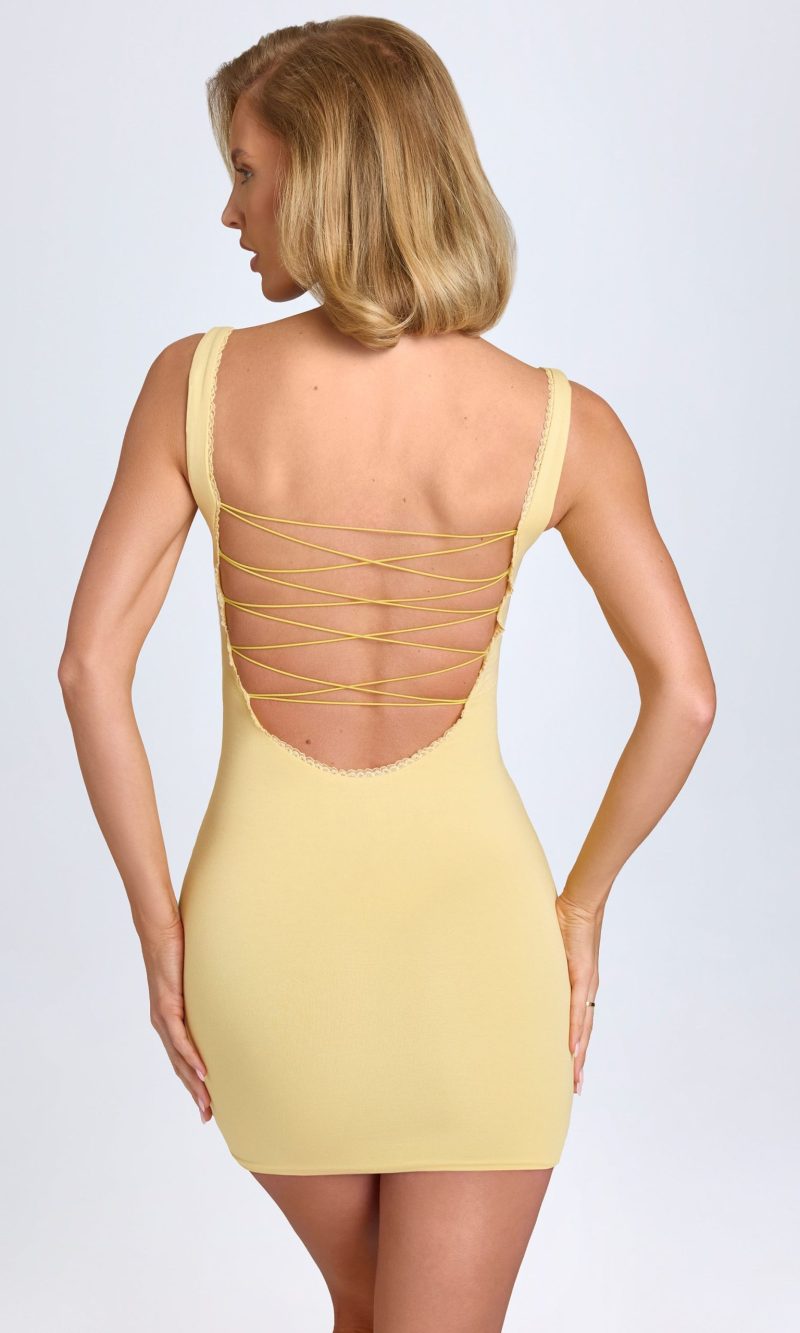 Modal Lace-Trim Bodycon Mini Dress in Pastel Yellow
