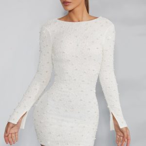 Long Sleeve Embellished Backless Mini Dress in Ivory