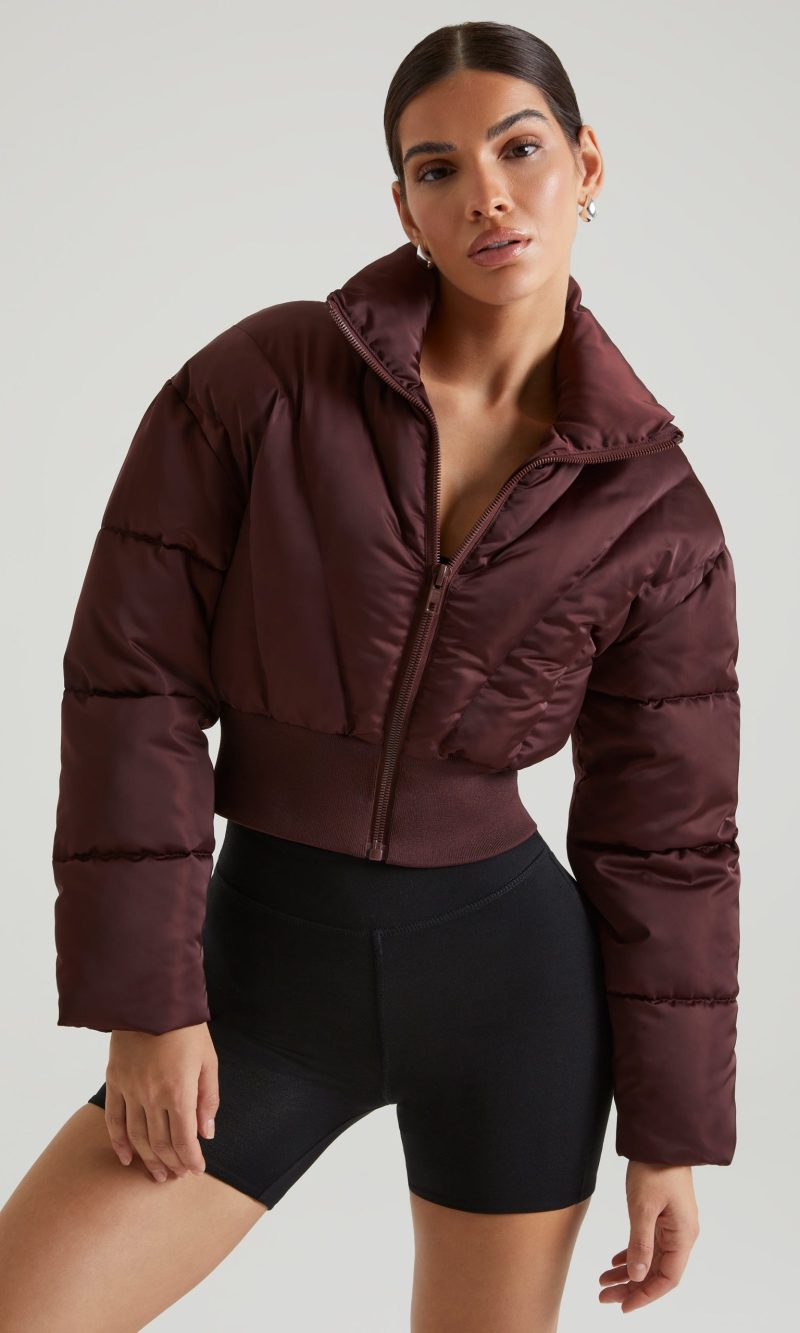 Ribbed Puffer Jacket in Brown