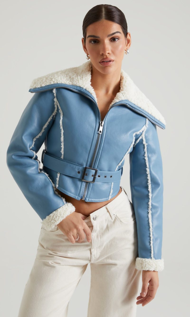 Jacket with Shearling Collar and Trim in Blue