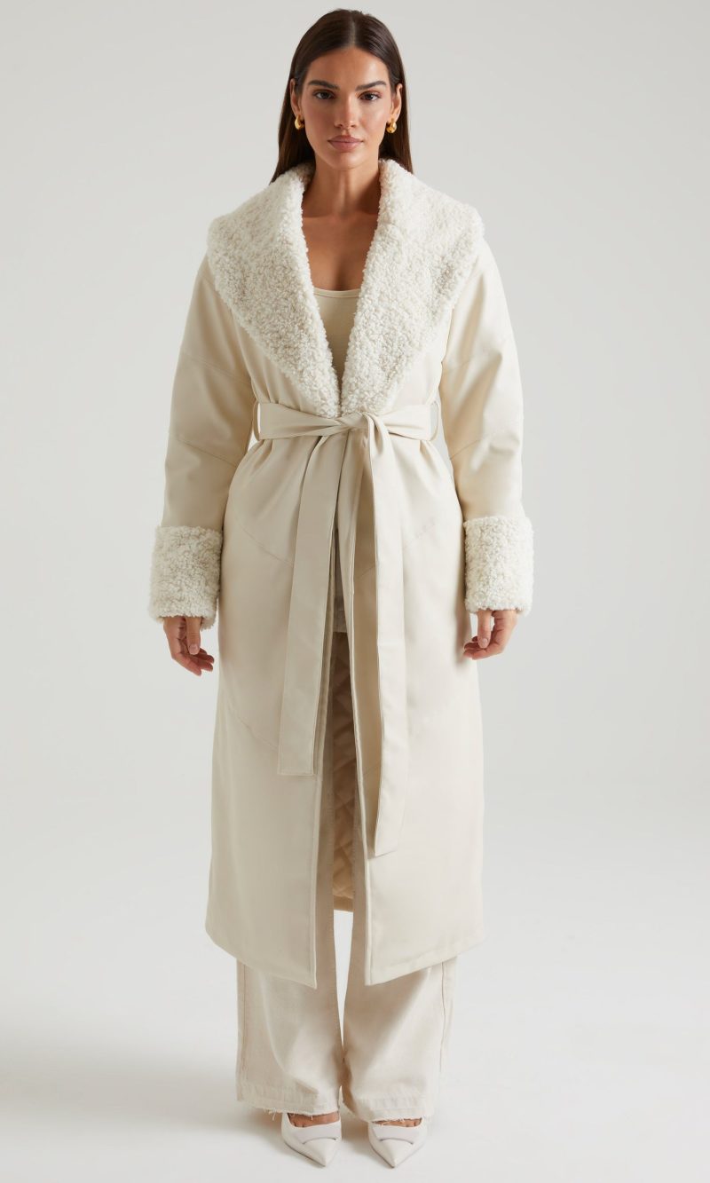 Tie Up Coat with Shearling Collar and Cuffs in Cream