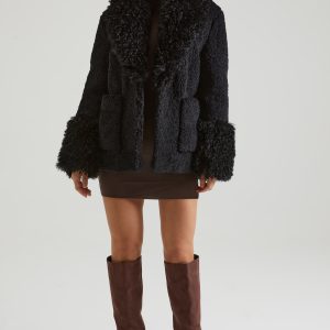 Shearling Coat with Large Front Pockets in Black