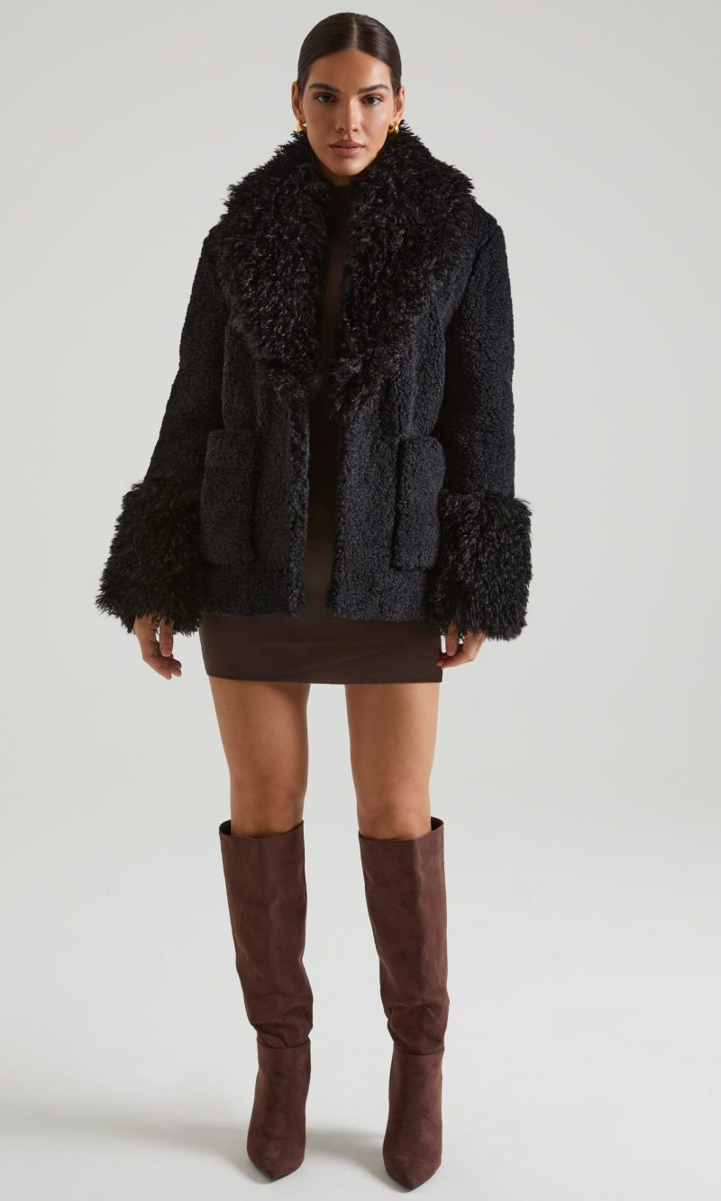 Shearling Coat with Large Front Pockets in Black