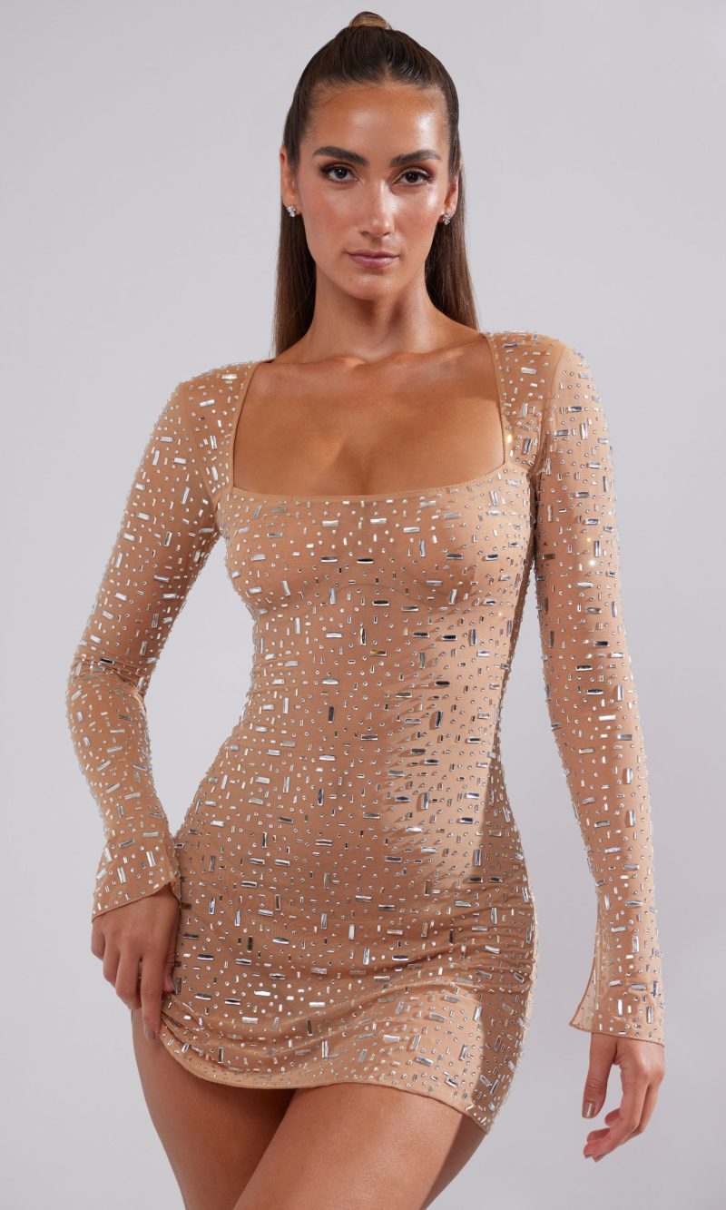 Sheer Embellished Long Sleeve A-Line Mini Dress in Almond