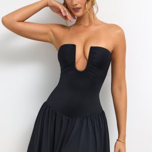 Slinky Jersey Strapless Plunge Neck Mini Dress in Black