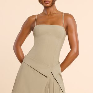 Woven Twill Wrap Over Pleated Mini Dress in Taupe