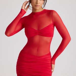 Sheer Panelled Long Sleeve Mini Dress in Fire Red