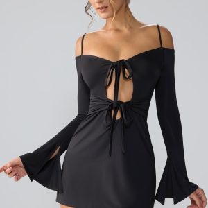 Slinky Jersey Long Sleeve Cut Out Mini Dress in Black