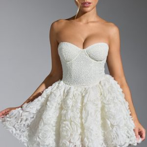 Embellished Floral-Appliqué Lace-Up Mini Dress in White
