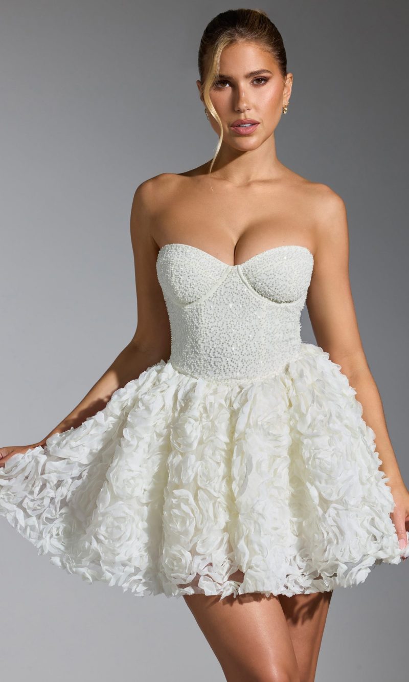 Embellished Floral-Appliqué Lace-Up Mini Dress in White