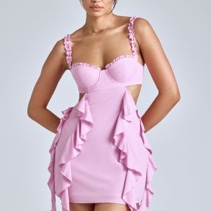 Panelled Ruffle Mini Dress in Baby Pink