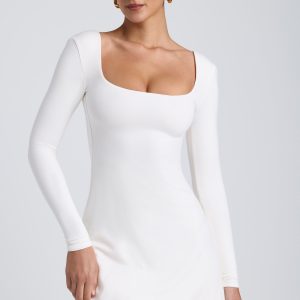 Modal Square Neck Long Sleeve Mini Dress in White