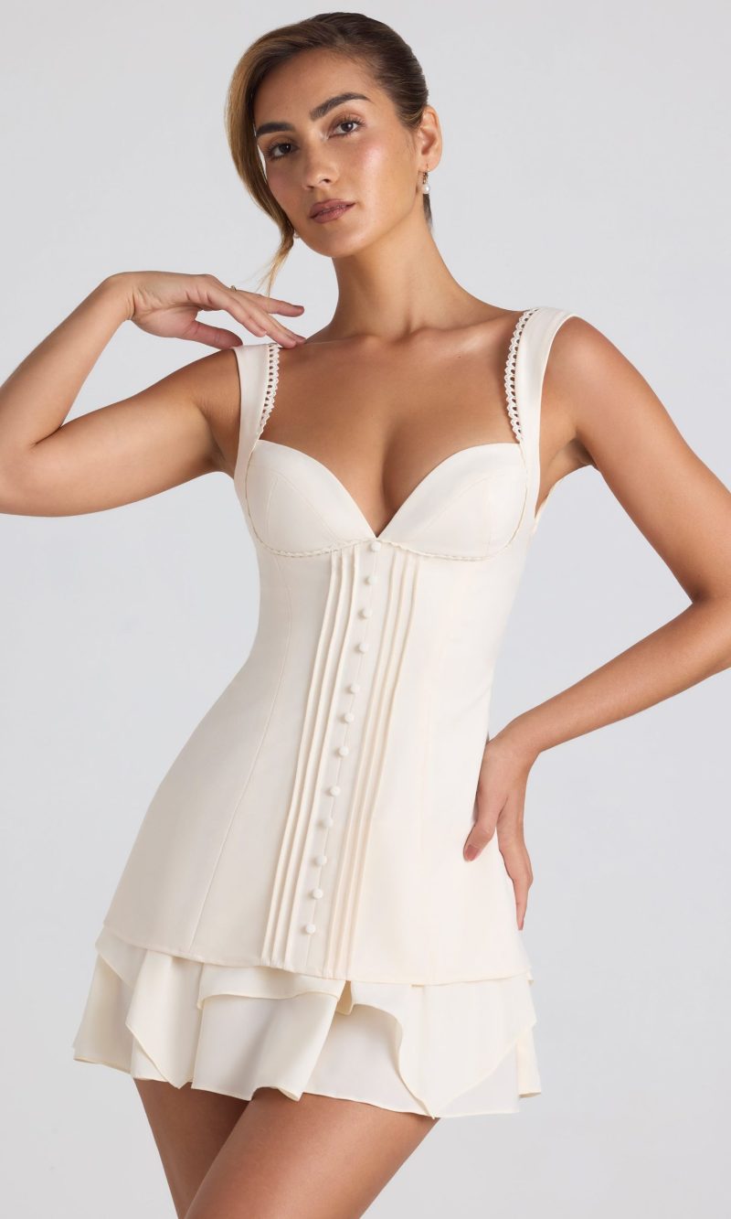 Ruffle-Trim Button-Detail Corset Mini Dress in Ivory