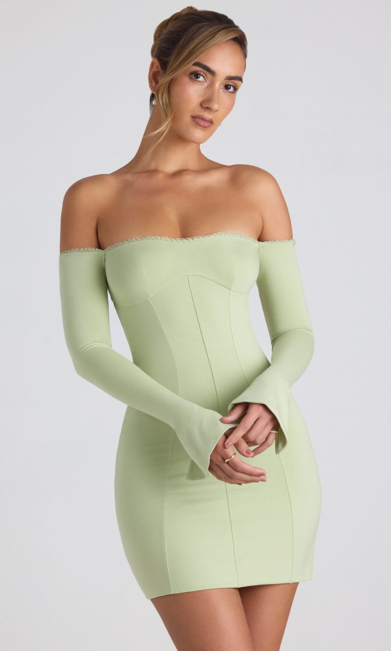 Modal Off-Shoulder Lace-Trim Mini Dress in Spring Green