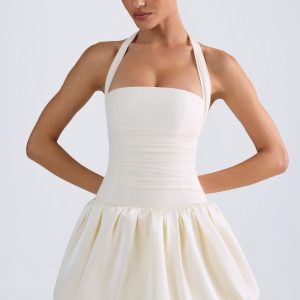 Halterneck Lace-Up Bubble Hem Corset Micro Mini Dress in Ivory