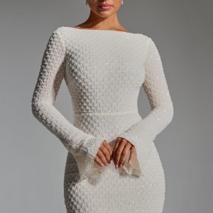 Embellished Open-Back A-Line Mini Dress in White
