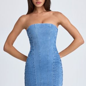 Bandeau Lace-Up Mini Dress in Mid Blue Stonewash