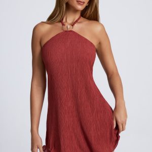 Hardware Detail Open-Back Halterneck Micro Mini Dress in Auburn Brown