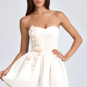 Bandeau Floral-Appliqué Corset Mini Dress in Ivory