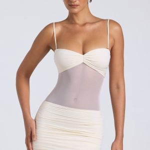Sheer Panelled Ruched Mini Dress in Ivory