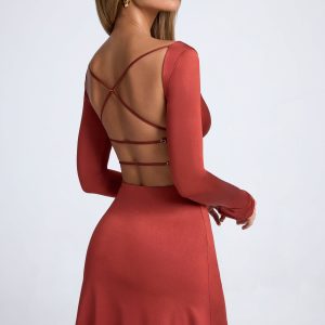 Open-Back A-line Mini Dress in Auburn Brown