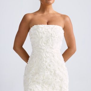 Floral-Appliqué Bandeau A-Line Mini Dress in White