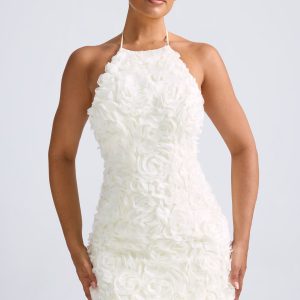 Floral-Appliqué Halterneck A-Line Mini Dress in White