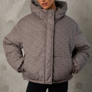 Reversible Hooded Puffer Jacket in Warm Grey