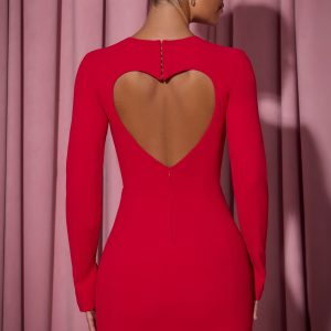 Cut-Out Heart-Detail Bodycon Mini Dress in Red