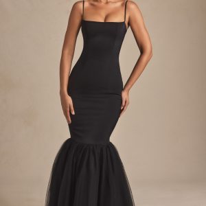 Tulle Hem Fishtail Gown in Black