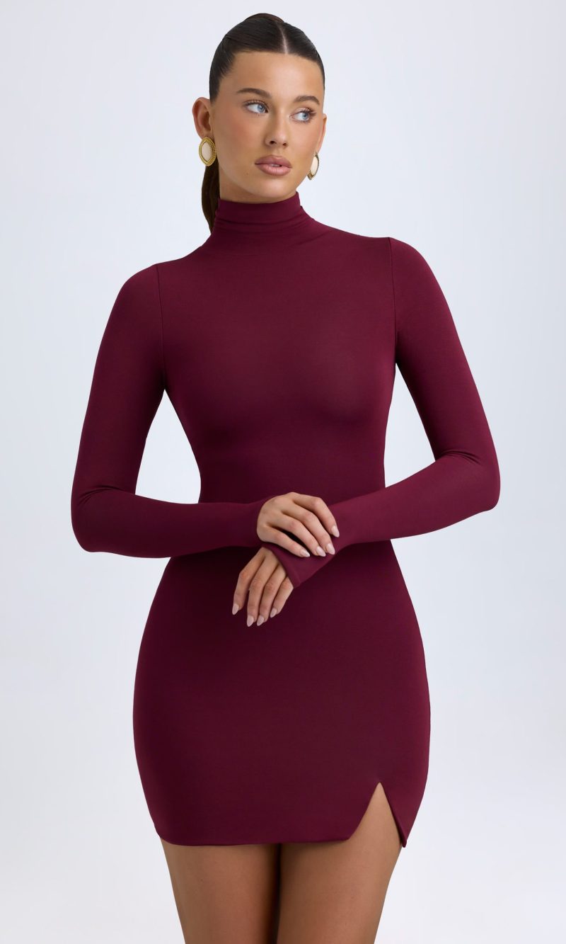 Modal Turtleneck Mini Dress in Wine Red