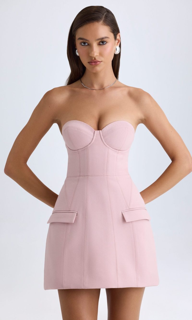 Strapless Structured Tulip Mini Dress in Pink Mauve