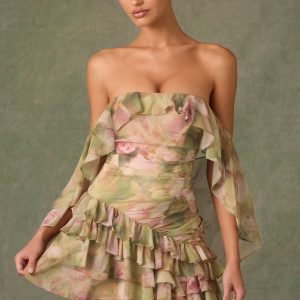 Off-Shoulder Ruffled Mini Dress in Floral Multi Print