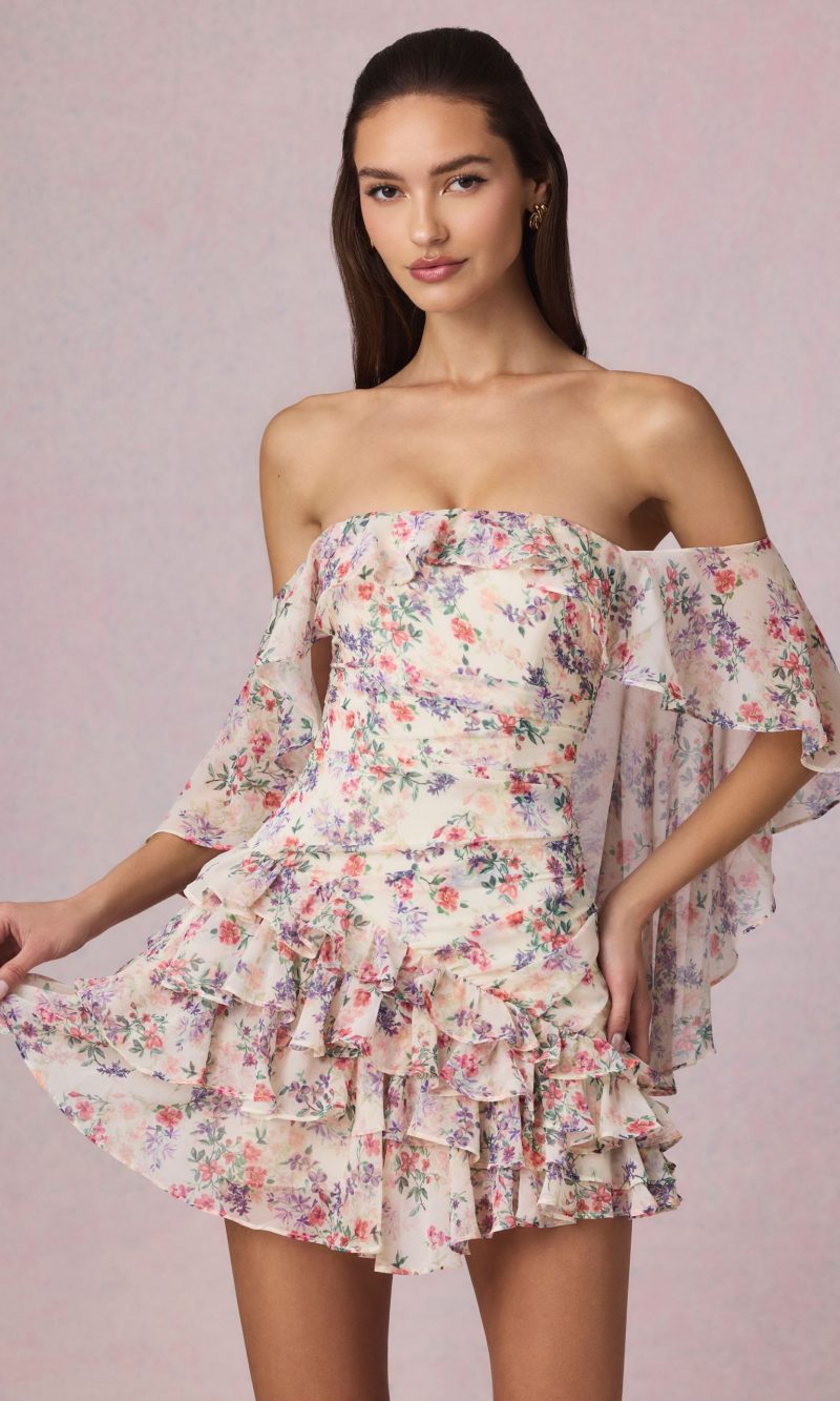 Off-Shoulder Ruffled Mini Dress in Primrose Floral Print