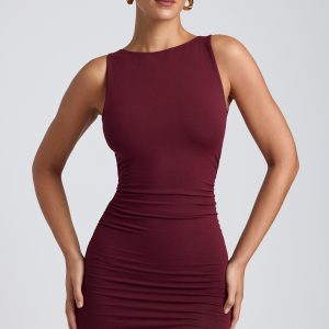 Modal High-Neck Open-Back Mini Dress in Plum
