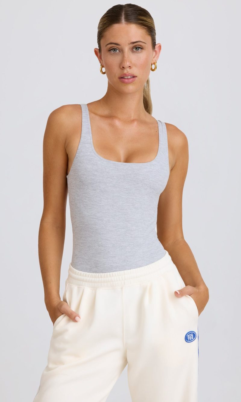 Soft Active Open-Back Bodysuit in Grey Marl