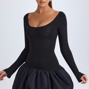 Scoop-Neck Drop-Waist Bubble Hem Mini Dress in Black
