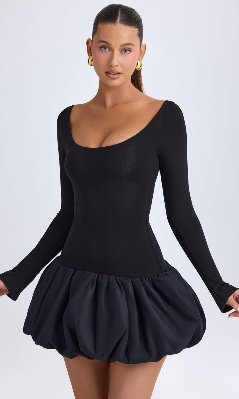 Scoop-Neck Drop-Waist Bubble Hem Mini Dress in Black