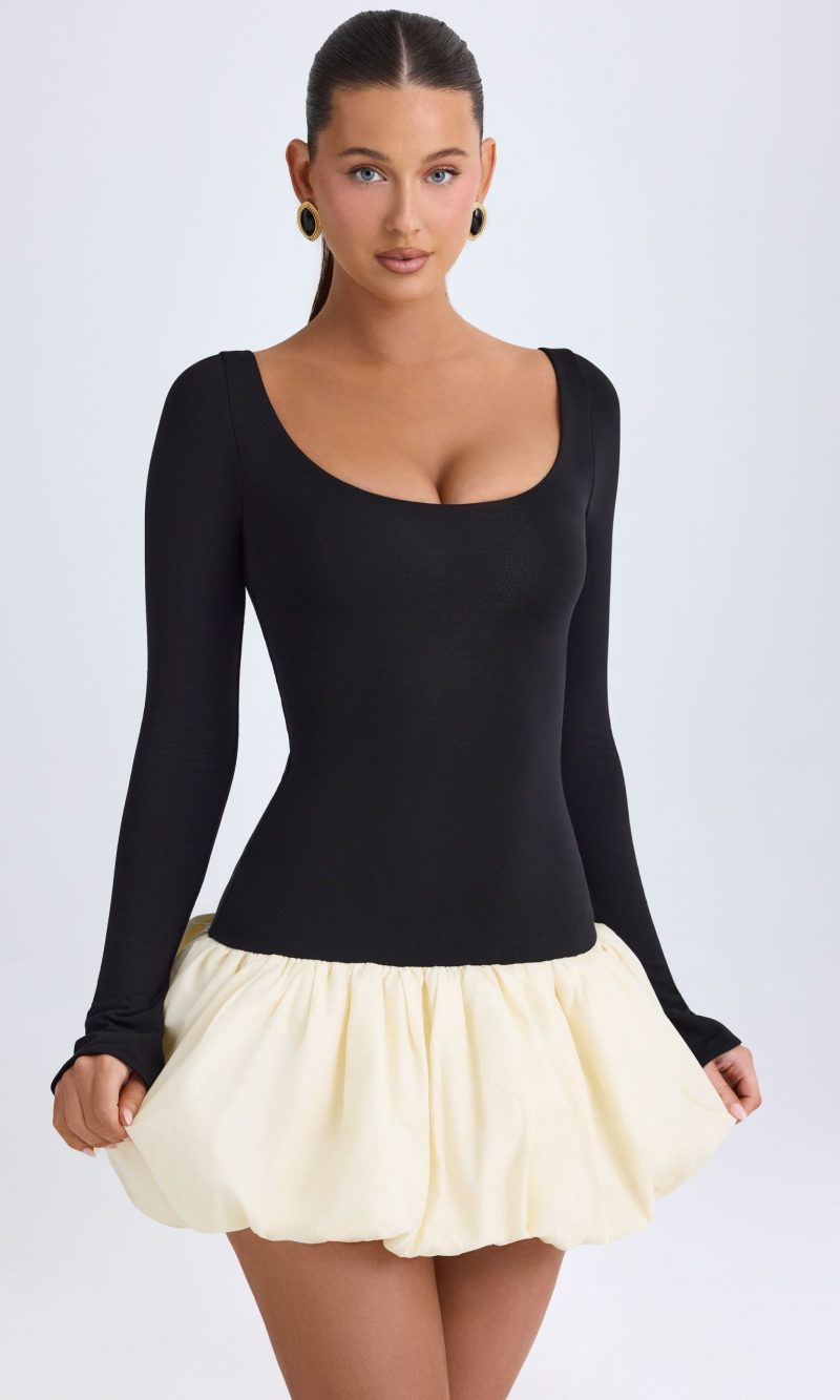 Scoop-Neck Drop-Waist Bubble Hem Mini Dress in Vanilla