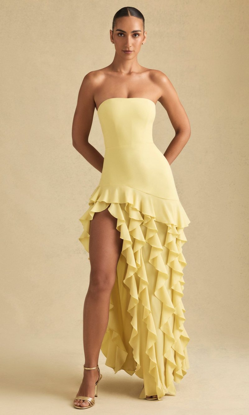 Ruffle-Trim Strapless Gown in Pastel Yellow