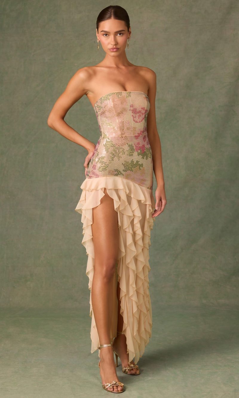 Embellished Ruffle-Trim Strapless Gown in Rose Hotfix