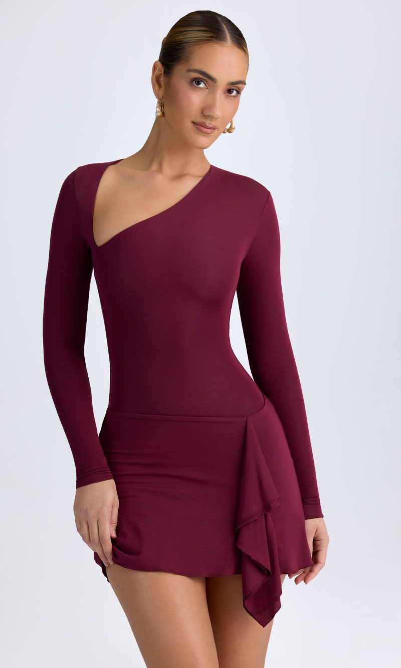 Modal Asymmetric A-Line Mini Dress in Wine Red
