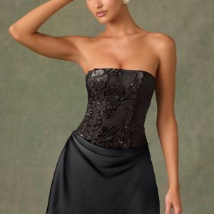Embellished Draped Strapless A-Line Mini Dress in Black