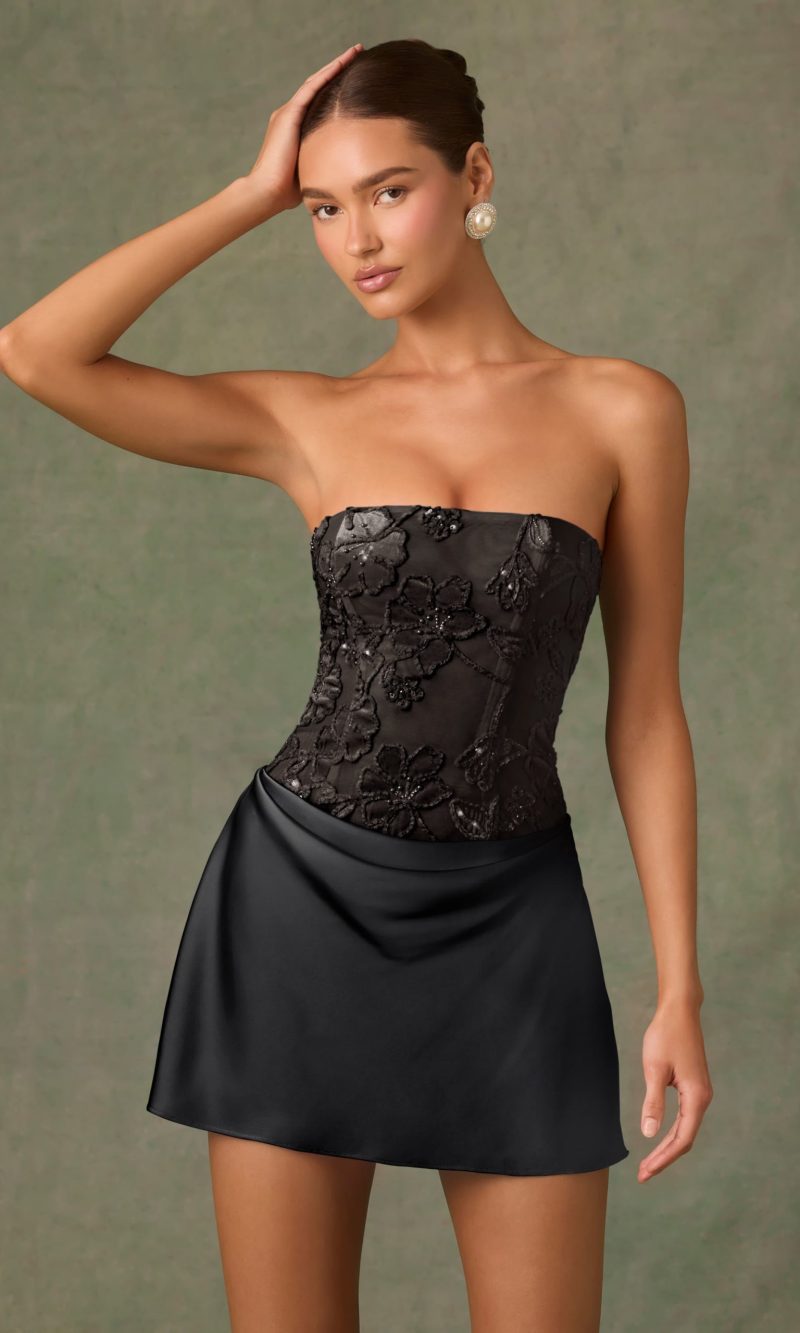 Embellished Draped Strapless A-Line Mini Dress in Black