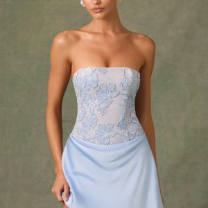 Embellished Draped Strapless A-Line Mini Dress in Sky Blue